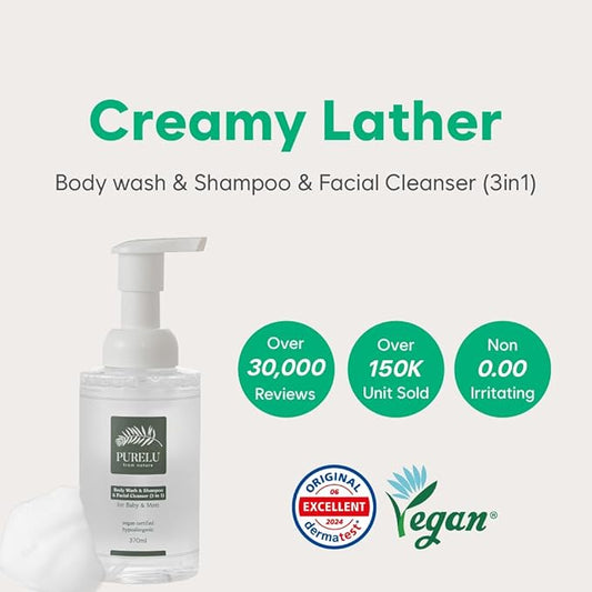 PURELU 3-in-1 Baby Wash Shampoo Facial Cleanser 370ML | Natural Vegan Formula for Newborn Sensitive Skin | Tear Free Baby Body Wash
