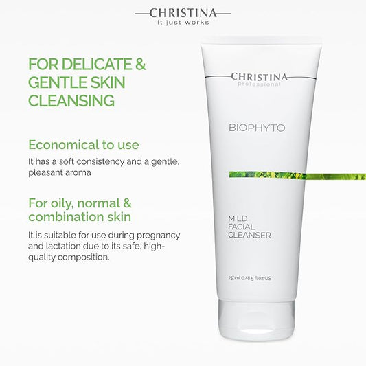-CHRISTINA- Biophyto Mild Facial Cleanser with Green Tea and Cucumber Extracts - 250 ml - Soapless Gentle Face Wash and Daily Facial Cleanser for All Skin Types