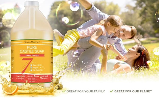 Seven Minerals Pure Castile Soap, Sweet Orange 64oz - No Palm Oil, GMO-Free - Gentle Liquid Soap For Sensitive Skin & Baby Wash - All Natural Vegan Formula with Organic Carrier Oils