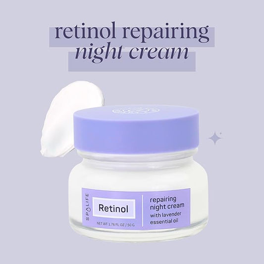 SpaLife Repairing Night Face Cream – For Fine Lines, Wrinkles, Dull Skin, Uneven Tone & Loss of Elasticity with Witch Hazel & Lavender Essential Oil – Anti-Aging Moisturizer