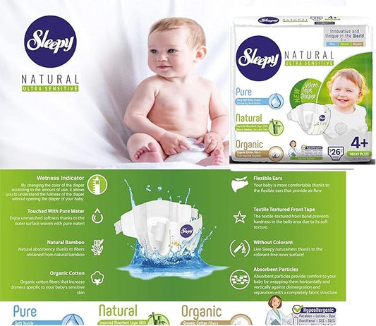 SOHO | Sleepy Natural Baby Diapers, Made from Organic Cotton and Bamboo Extract, Ultimate Comfort and Dryness, Disposable Diapers Snuggle Diaper (Size 4+ | 26 Count | Child Weight 20-35 lbs)
