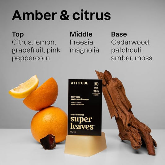 ATTITUDE Bar Soap Body Wash for Men, For Body and Hands, 99% Natural Origin Ingredients with Avocado Oil, EWG Verified, Amber & Citrus, 4 Oz (Pack of 6)