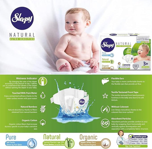 SOHO | Sleepy Natural Baby Diapers, Made from Organic Cotton and Bamboo Extract, Ultimate Comfort and Dryness, Disposable Diapers Snuggle Diaper (Size 3 +)