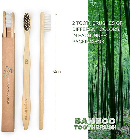 Virgin Forest Bamboo Toothbrushes, Eco Friendly BPA Free Soft Bristles Toothbrush, Biodegradable Natural Wooden Toothbrushes, Vegan Organic Bamboo Charcoal Tooth Brush for Sensitive Gums Set of 10