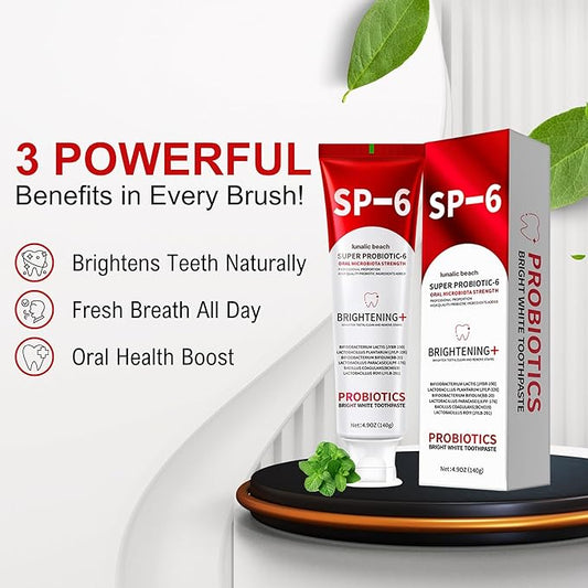 3PCS SP 6 Toothpaste for Teeth Brightening & Fresh Breath, 6 Probiotics Formula for Gum Health, Fluoride-Free, Mint Fresh Flavor, 4.9 oz (4, Mint)