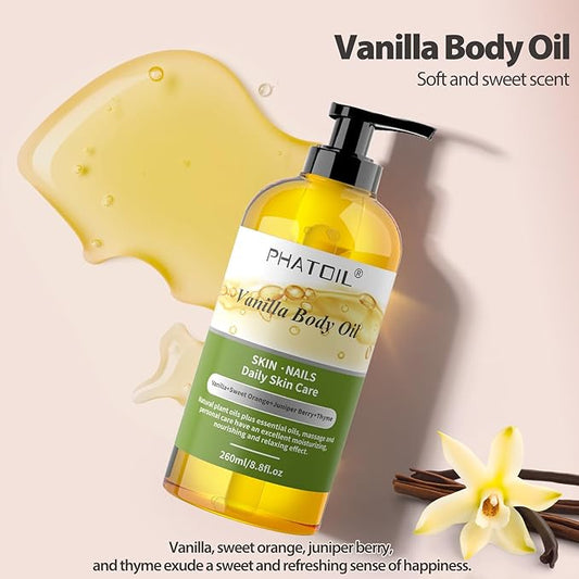 Vanilla Body Oil 260ML, Premium Body Oils for Moisturizing Skin, Long-Lasting Fragrance Vanilla Massage Oil for All Skin Types - 8.8 FL.OZ
