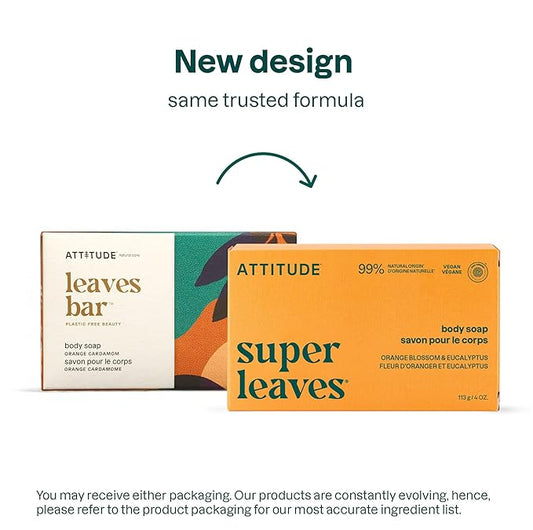 ATTITUDE Body Soap Bar, Natural Origin, Protects and Softens Dry Skin, Watercress, Indian Cress & Olive Oil, EWG Verified & Vegan, Orange Blossom & Eucalyptus, 4 Oz