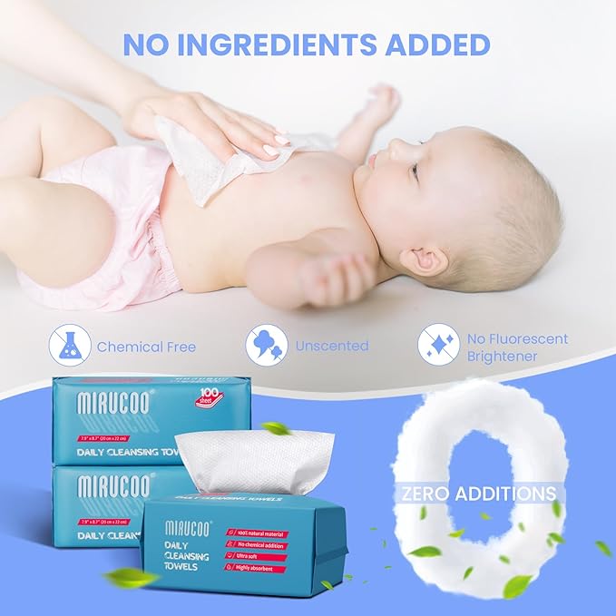 100 Sheet Daily Cleansing Towels Ultra Soft Dry Wipes for Sensitive Skin Disposable Facial Washcloths 100% Organic Viscose (Pack of 3)