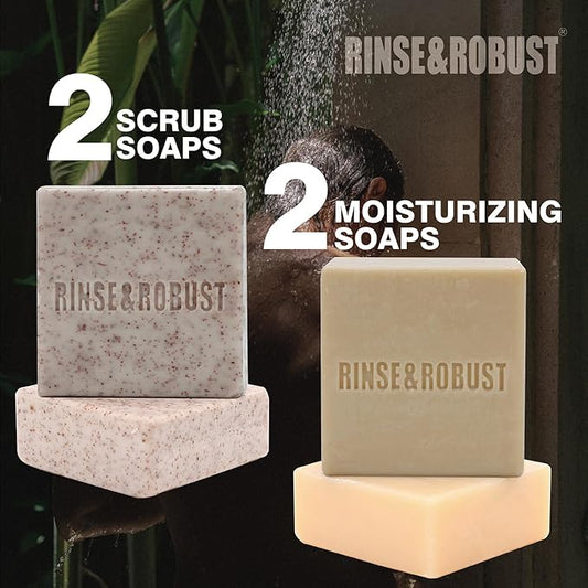 Rinse & Robust Mens Bar Soap Cleansing Bar Moisturizing & Exfoliating Scrub Soap Gift Set for Men | 4 in 1 Face Body Hand Beard Wash | Cinnamon, Lemon Cedar, Mint Ice Chips, Tobacco | 5.3 oz of 4 Bars