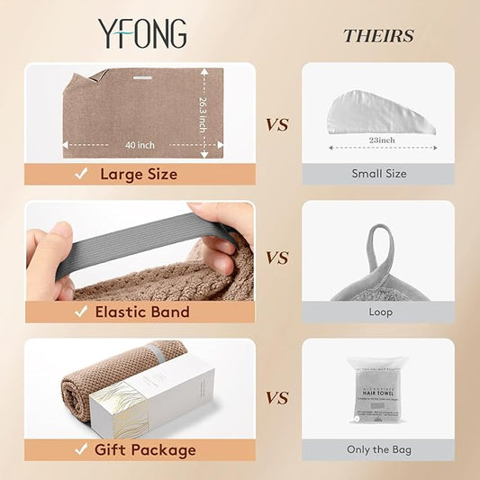 YFONG Large Hair Towel Wrap for Women, Super Absorbent Microfiber Hair Towel for Curly Hair, Fast Drying Hair Turbans with Elastic,Hair Drying Towel Wrap for Hair Care Anti Friz 26.3" X 40" (Brown)