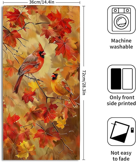Fall Birds Hand Towels Set of 2, 14x28 Inch Autumn Rustic Maple Leaves Thanksgiving Harvest Decorative Tea Towel Drying Baking Cooking Wash Cloth for Bathroom Kitchen Decor