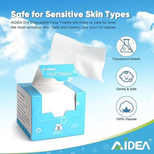 AIDEA Face Towels Disposable-100Ct (2 Box), Clean Facial Towelettes for Sensitive Skin, Cleansing Wipes for Makeup Removing, Nursing, Travel, Dry Wipes Face Cloths
