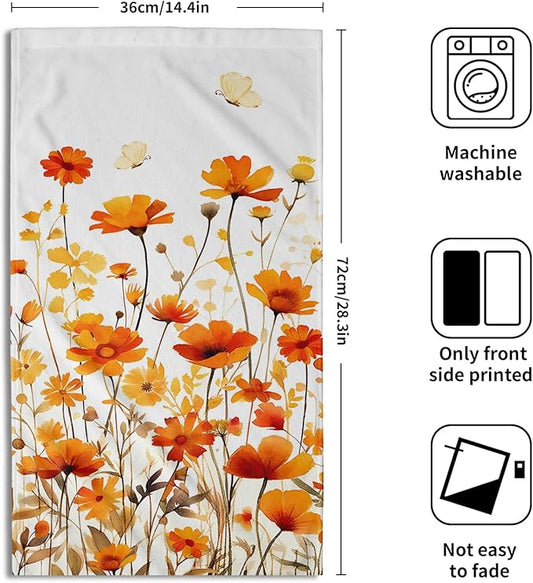 Fall Floral Hand Towels Set of 2, 28 x 14 Inch Autumn Orange Wildflowers Leaves Plant Bathroom Towel Soft Absorbent Kitchen Hotel Spa Gym Towel Thanksgiving Decor Gifts
