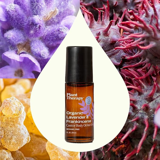 Plant Therapy Organic Lavender & Frankincense Castor Body Oil Roll-On 30 mL (1 oz) Soothes Dryness, and Skin Irritation, Calming Aroma, Relaxation, Pure, Organic Formula, Healing Benefits