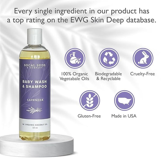 SoCal Suds & Company Baby Shampoo & Body Wash, 2-in-1 Organic Gel - Gentle Castile Soap with Vitamin-Infused Oils & Botanicals - Natural Care for Sensitive Skin & Body Hypoallergenic - 12oz Lavender