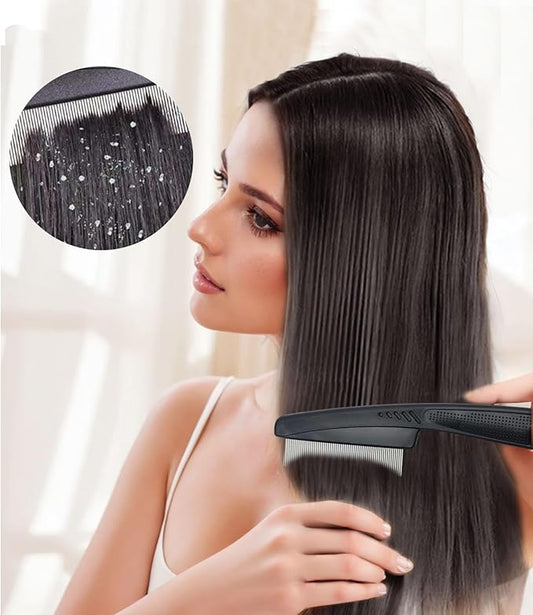 Dandruff Comb Fine Tooth Scalp Detox Comb Lice for Women, Men & Kids Stainless Steel Scalp Detoxing, Sweep & Massage Hair Brush Tool for Hair Care (2PC Black+Orange)