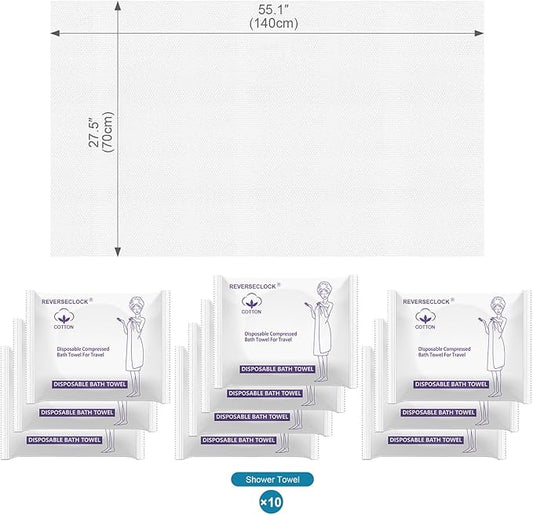 10 Pack Large Compressed Bath Towels Portable Lightweight Disposable Cotton Fiber Tablets Towel for Travel, Camping, Gym, Swimming, Beach (55" X 28")