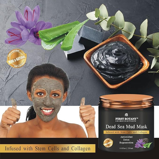 First Botany, 100% Natural Mineral-Infused Dead Sea Mud Mask 8.8oz Stem Cells Facial Treatment Skin Cleanser Pore Reducer Anti Aging Acne Treatment Blackhead Remover Cellulite & Natural Moisturizer