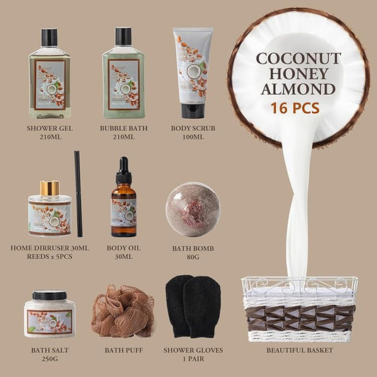 Coconut Almond spa kit christmas gift Bath and Body Gift Basket For Women & Men Spa Gift Basket,16 Pcs Bath Gift Set With Fragrant Lotion, Home Spa Luxurious Bath Body Oil, Diffuser & More
