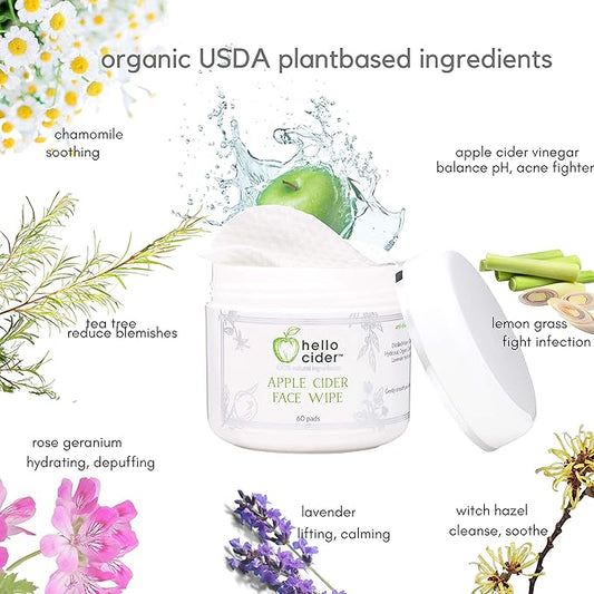 Apple Cider Vinegar Acne Face Toner Pads - Organic Tea Tree, Witch Hazel, Rose, Lavender. Cleanse, Tone, Hydrate, Calm & Sooth. 60 pads. USA by Hello Cider