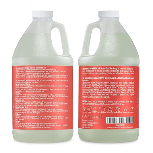 NaturSense Pure Castile Soap. Unscented, Made with 100% Certified Organic Oils, Gentle Personal & Baby Wash, Safe & Effective Household Cleaning - 1 Gallon total w/pump, 64oz x 2 Bottles