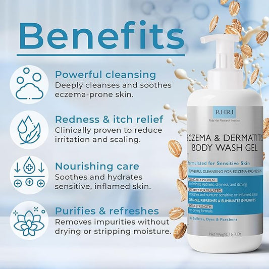 Eczema Body Wash | Eczema Treatment | Gel Cleanser For Eczema Prone Skin | Soothes Dryness & Itching, Gentle On Eczema & Dermatitis, Sulfate-Free With A Free Scrubber Brush