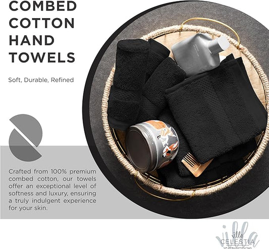 100% Cotton Hand Towel Set of 4, (16 x 28 inches) Sustainable, Soft, Highly Absorbent, Quick Drying, Combed Cotton Hand Towels Pack of 4 Ideal for Hotels, Spa, Bathroom, Dorm, Black