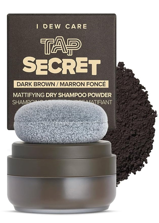 I DEW CARE Dry Shampoo Powder Set - Tap Secret Dark Brown + Detangling Brush with Mirror | Strengthening & Volumizing, Powder Type, Refillable, Travel size