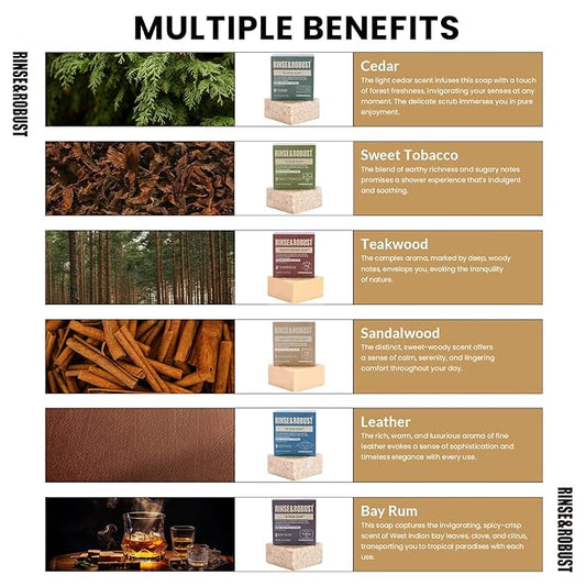 Rinse & Robust Mens Natural Bar Soap 6Pcs Handmade Cleansing Moisturizing&Exfoliating Scrub Soap Set Gifts for Men Body&Hand All Skin Type 6 Different Scents 5.3 oz of 6 Bars