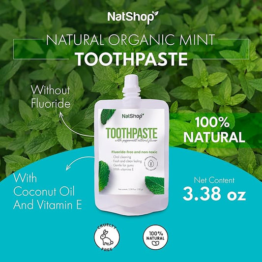 | Natural Mint Toothpaste Fluoride-Free with Coconut Oil and Vitamin E | Squeeze Pouch 3.38 Fl Oz (100 g) (3.5 Ounce (Pack of 1))