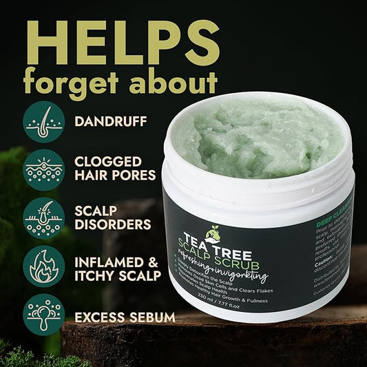 Tea Tree Scalp Scrub | Antifungal Itchy Scalp Treatment with Tea Tree Oil, Quartz Powder & Sea Salt | Gently Exfoliates, Relieves Dryness, Fights Dandruff, Promotes Healthy Hair Growth & Scalp Relief