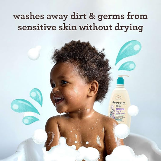 Aveeno Kids Face & Body Wash for Sensitive Skin, Oat Extract, Tear-Free, Non-Drying, Light Scent, Pump Dispenser, Hypoallergenic, Phthalate, Sulfate & Dye Free, 18 fl oz