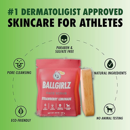 Ballgirlz GamePlan Face and Body Care Kit Designed for and by Athletes - Natural Ingredients to fight sweat and dirt - Black Diamond Face Scrub, Island Girl Body Scrub, and Pimple Patches