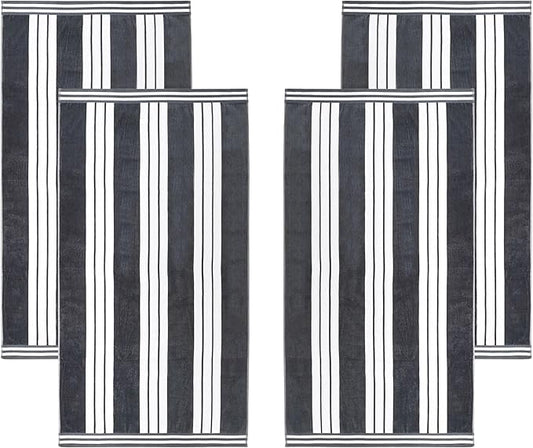 Superior Oversized Cotton Beach Towel Set of 4, Absorbent Towels For Bathroom, Beach, Pool, Swim, Adults, Kids, Vacation, Travel, Bath Sheet, Quick Dry Basics, Trip Essentials, Striped Decor, Charcoal