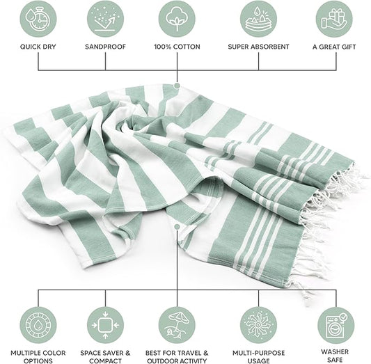 Utopia Towels 4 Pack Turkish Beach Towel, 40 by 72 Inches, 100% Cotton, Oversized Sand Free Lightweight Quick Dry, Prewashed for Soft Feel, Large Turkish Peshtemal Towel for Travel, Sea Foam