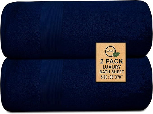 100% Cotton Luxury Bath Sheets - Pack of 2 (35" x 70") | Super Soft, Quick-Dry & Highly Absorbent Towels for Bathroom, Home, Spa & Gym (Navy Blue)