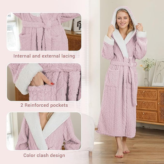 LYCY Plush Full-Length Hooded Robe for Women, Warm Winter Fleece Bathrobe with Pockets