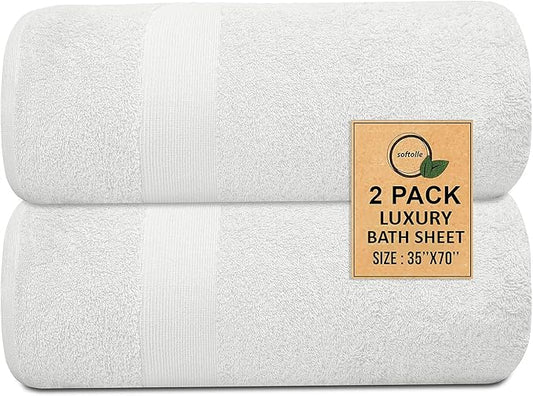 100% Cotton Luxury Bath Sheets - Pack of 2 (35" x 70") | Super Soft, Quick-Dry & Highly Absorbent Towels for Bathroom, Home, Spa & Gym (White)