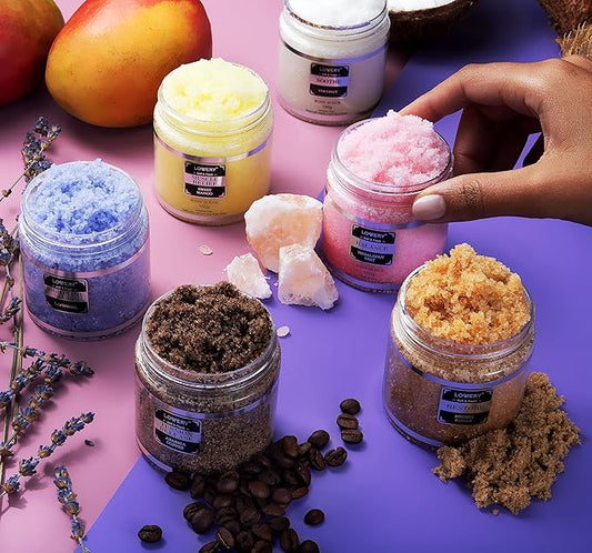 Body Scrub, Birthday Gifts for Women & Men, 6pc Exfoliating Body, Face, Hand Foot Scrub, Himalayan Salt, Brown Sugar, Coconut, Arabica Coffee, Acne Stretch Marks & Cellulite Remover, Essential Oils