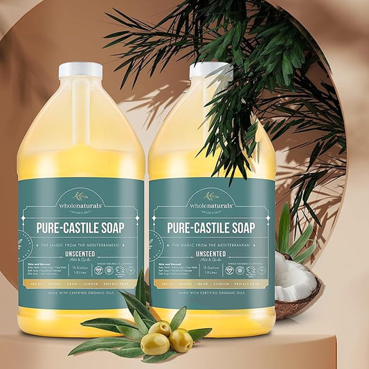 Pure Castile Soap Liquid Unscented, EWG Verified & Certified Palm Oil Free-1 gallon (64oz x2 bottles) Natural, Mild & Gentle Non-gmo & Vegan-Organic Body Wash, Laundry & Baby Soap