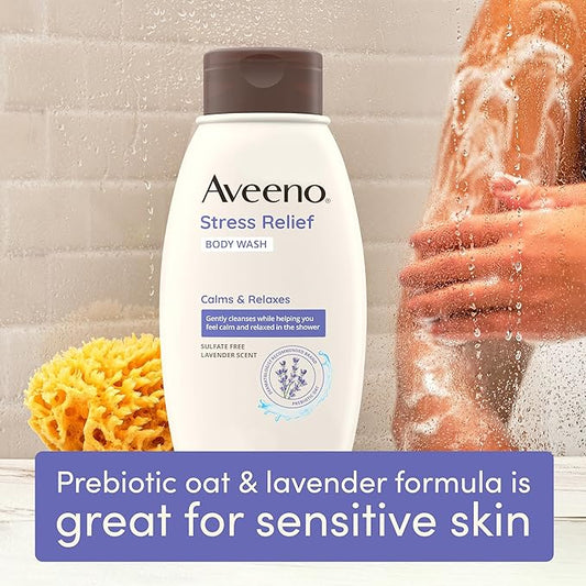 Aveeno Stress Relief Gift Set, Skincare Set for Sensitive Skin with Soothing Body Wash & Moisturizing Body Lotion, plus, Skin Relief Repairing Hand Masks for Very Dry Skin, 3 Items