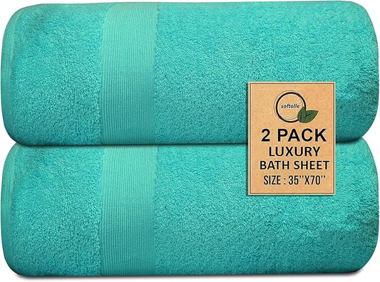 100% Cotton Luxury Bath Sheets - Pack of 2 (35" x 70") | Super Soft, Quick-Dry & Highly Absorbent Towels for Bathroom, Home, Spa & Gym (Turquoise)