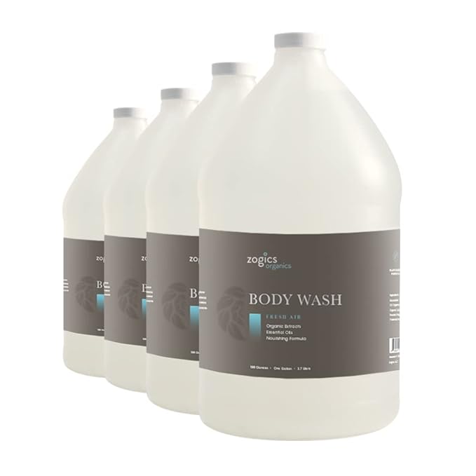 Zogics Organics Body Wash – Moisturizing Body Wash for Men and Women, Plant-Based Formula Made with Essential Oils & Goat Milk, Great as Body Wash Refill in Facilities (Fresh Air Scent, 4 Gallon Case)