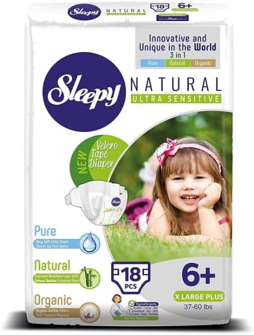 SOHO | Sleepy Natural Baby Diapers, Made from Organic Cotton and Bamboo Extract, Ultimate Comfort and Dryness, Disposable Diapers Snuggle Diaper (Size 6+(3pk =54 Count))