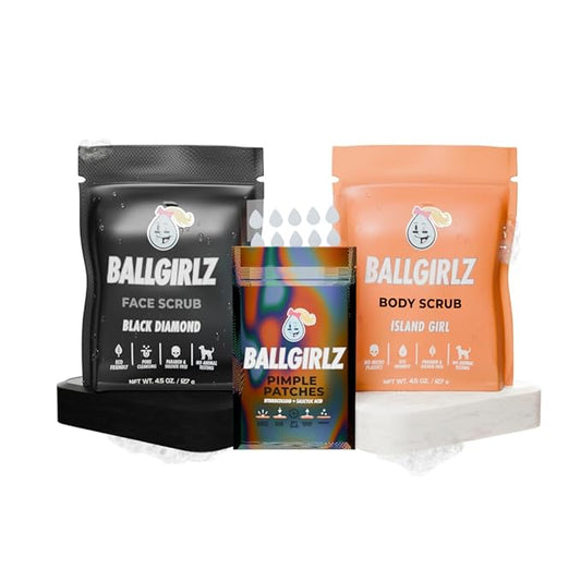 Ballgirlz GamePlan Face and Body Care Kit Designed for and by Athletes - Natural Ingredients to fight sweat and dirt - Black Diamond Face Scrub, Island Girl Body Scrub, and Pimple Patches