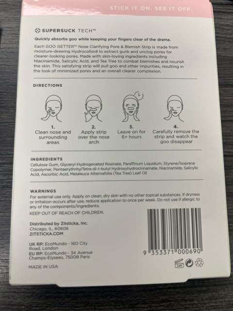 ZitSticka Pimple Patches for Face and Body, Goo Getter Hydrocolloid Patches to Cover Zits & Blemishes, Acne Patches or Zit Spot Stickers, Body Blemish Patch (Nose Strip Pack 8 Pack)