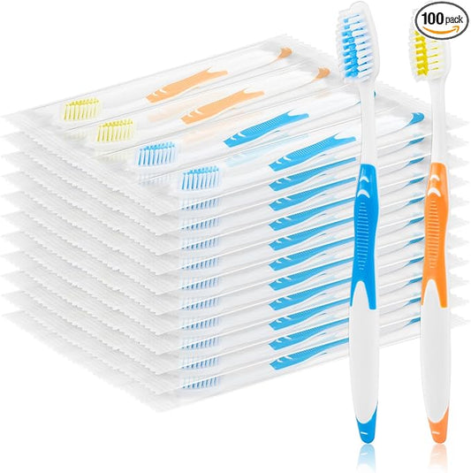 100 PCS Disposable Toothbrushes Individually Wrapped Bulk Toothbrush Pack, Medium Soft Toothbrushes for Adults, Kids, Guests, Travel, Hotel, Nursing, Donation (2 Colors)