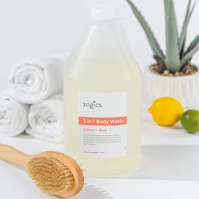 Zogics 3-in-1 Body Wash – Body Soap, Shampoo, and Hand Soap Liquid Refill All-in-One, Hydrating Plant-Based Formula, Refreshing Citrus + Aloe Scent (1 Gallon)