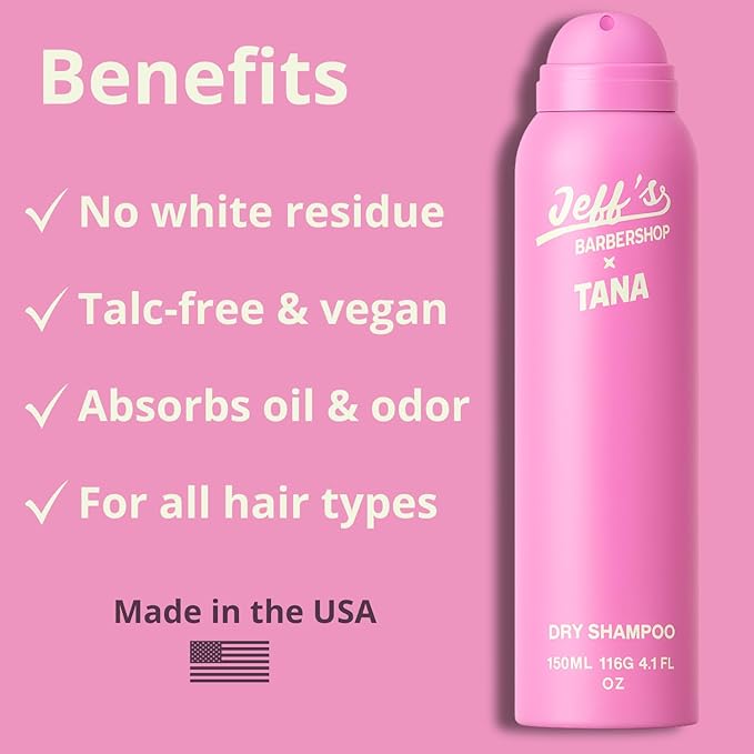 Jeff's Barbershop x Tana Mongeau Dry Shampoo, Clear Dry Shampoo Hair Spray, No White Residue, Talc Free, All Hair Types, 4.1 fl oz