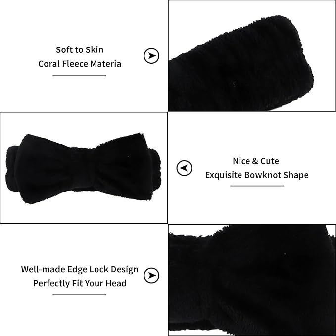 10 Pcs Black Face Wash Headbands, Spa Gifts for Women Girls, Soft Coral Fleece Skincare Headband, Bow Hair Bands, Beauty Headbands for Face Washing Shower Skin Care Yoga